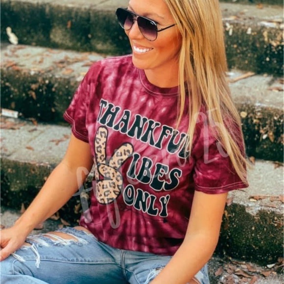 Burgundy Tie Dyed Thankful Vibes Only Tee - Picture 3 of 8